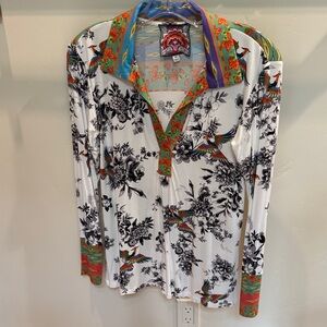 Johnny Was Janie Black and White Floral Button Down Shirt